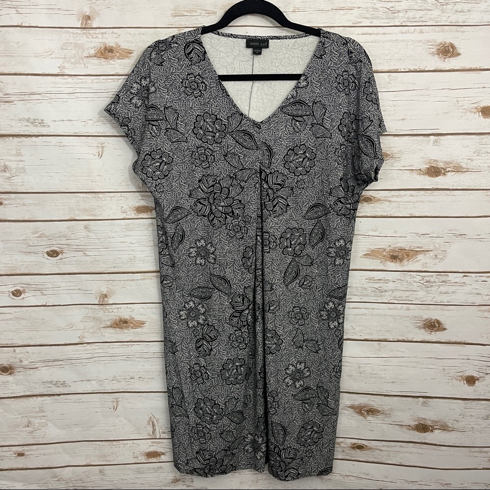 J Jill Wearever Collection Black Floral Draped Shirt Dress